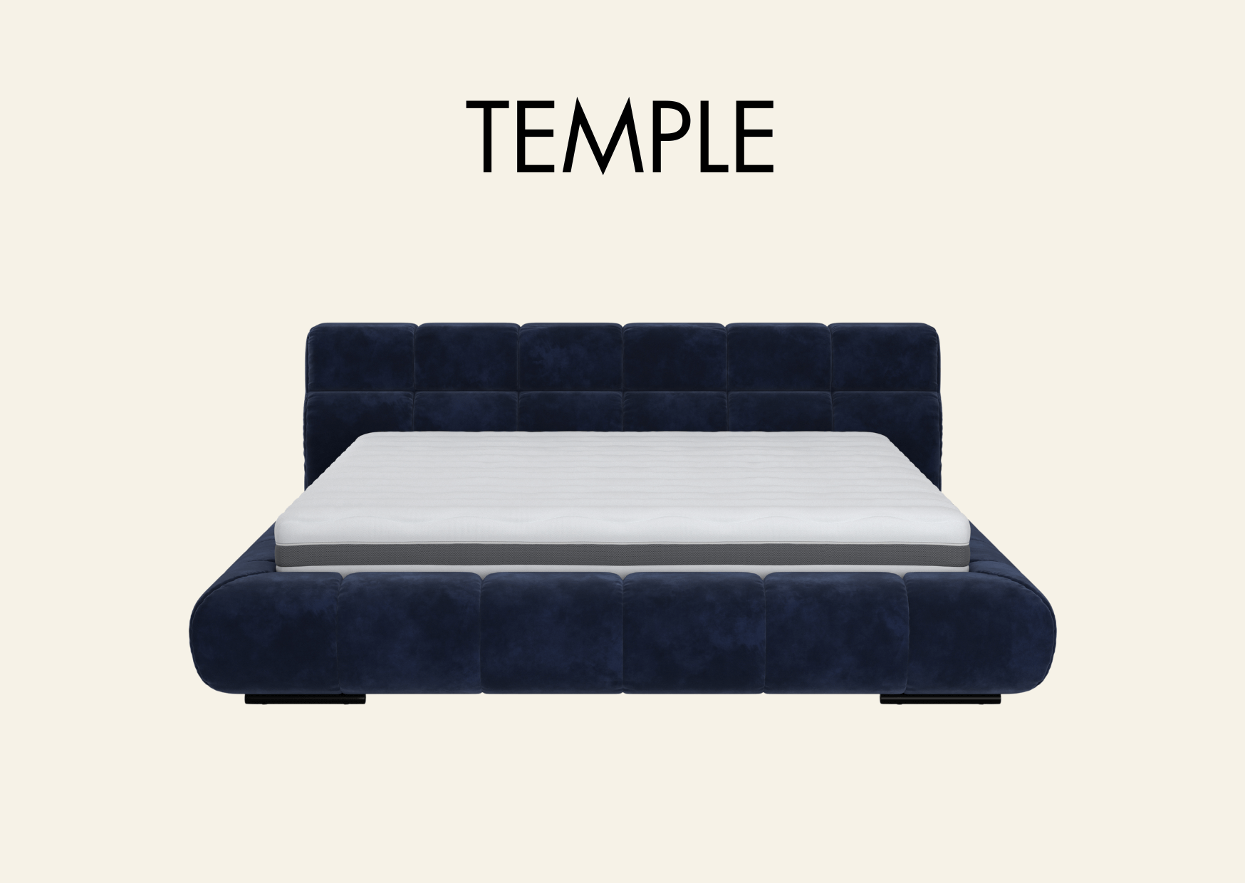 Bett mit Steppmuster und Aufschrift "Temple"
